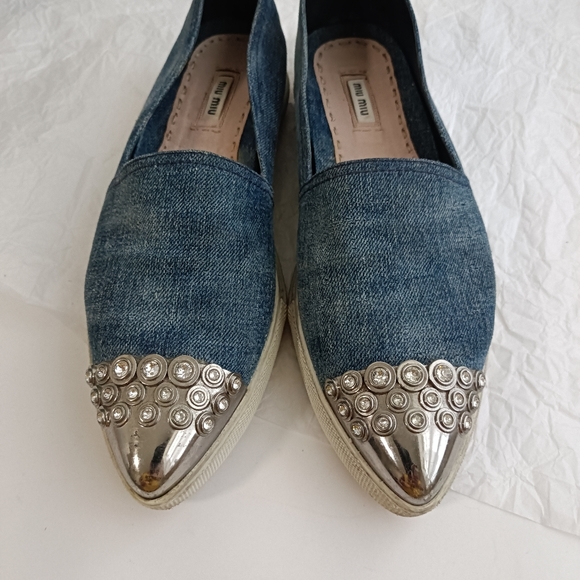 🆕 Miu Miu Denim Crystal Silver Platform Loafers size 10 - Picture 15 of 16